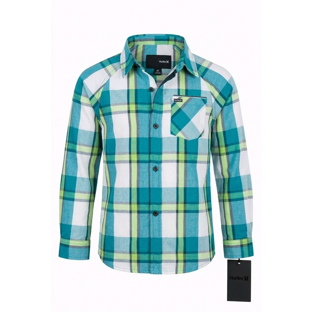 Hurley Kids Teal Green Plaid Long Sleeve Button Down Shirt‎ 4T NWT